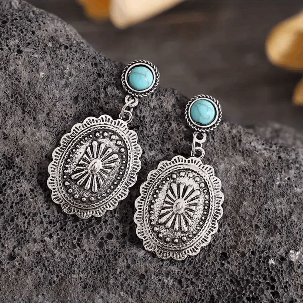 Turquoise Silver Concho Western Dangle Earrings